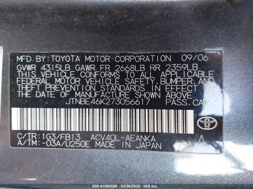 2007 TOYOTA CAMRY VIN: JTNBE46K273056617
