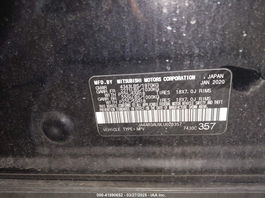 2020 MITSUBISHI OUTLANDER SPORT 2.0 BE AWC/2.0 ES AWC/2.0 SE AWC/2.0 SP AWC - JA4AR3AU9LU026357