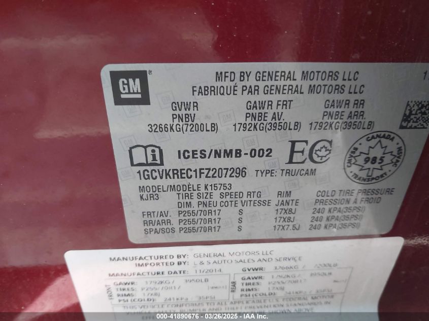 2015 Chevrolet Silverado 1500 1Lt/2Lt VIN: 1GCVKREC1FZ207296 Lot: 41890676