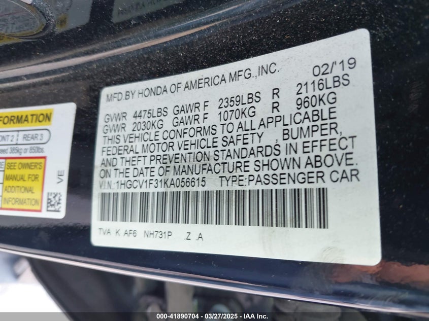 2019 HONDA ACCORD VIN: 1HGCV1F31KA056615
