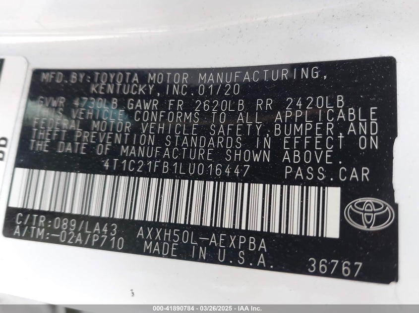 2020 TOYOTA AVALON HYBRID VIN: 4T1C21FB1LU016447