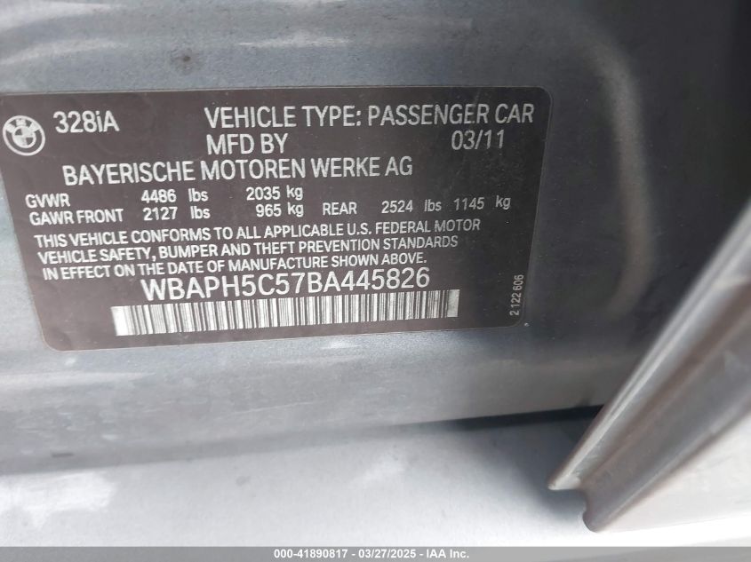 2011 BMW 328I VIN: WBAPH5C57BA445826 Lot: 41890817