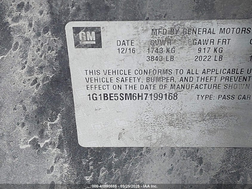 2017 CHEVROLET CRUZE LT AUTO - 1G1BE5SM6H7199168