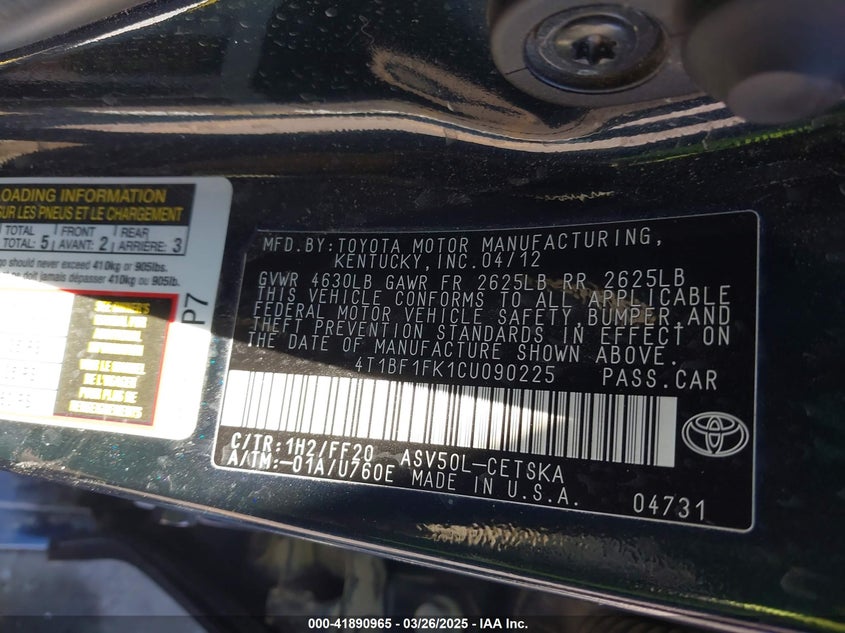 2012 TOYOTA CAMRY VIN: 4T1BF1FK1CU090225