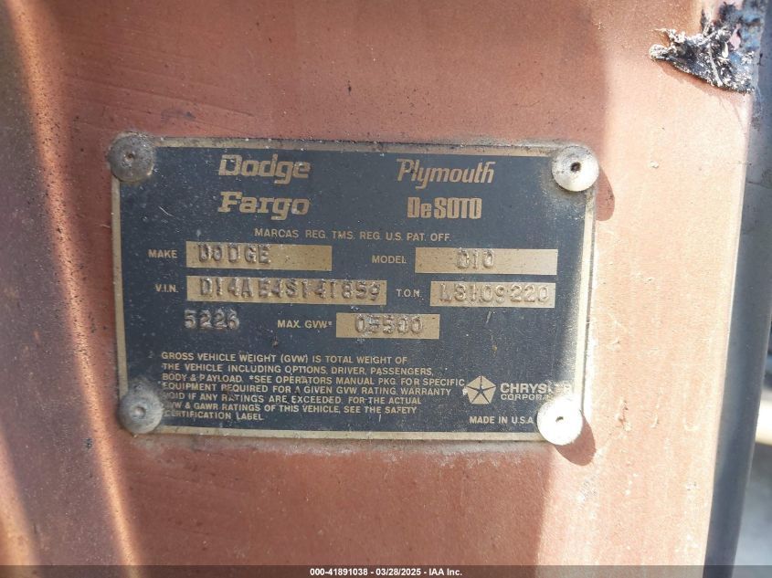 1974 Dodge D100 VIN: 0000D14AE4S141859 Lot: 41891038