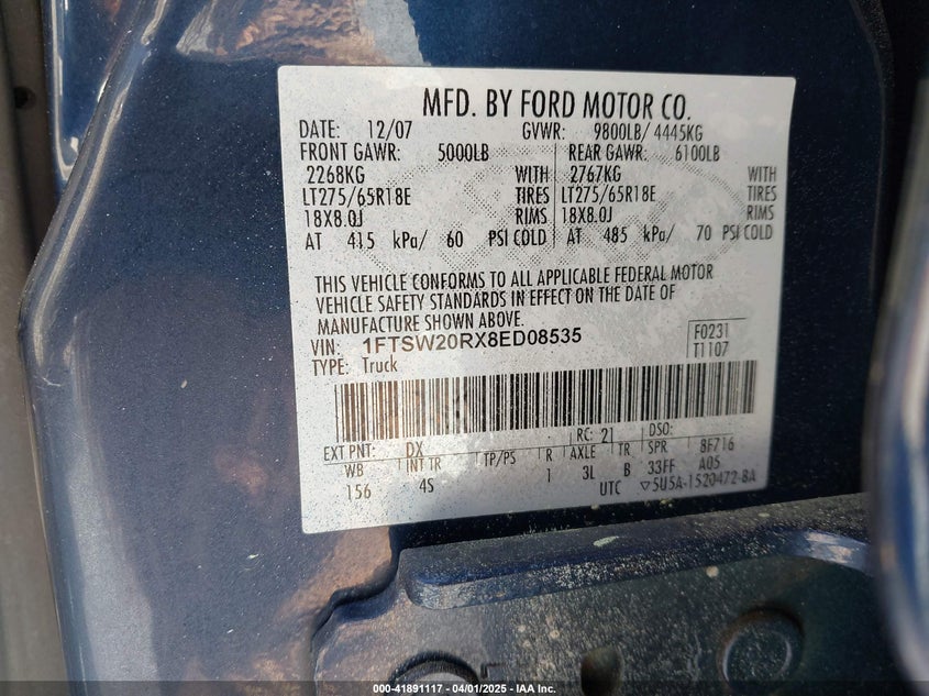 2008 FORD F-250 VIN: 1FTSW20RX8ED08535