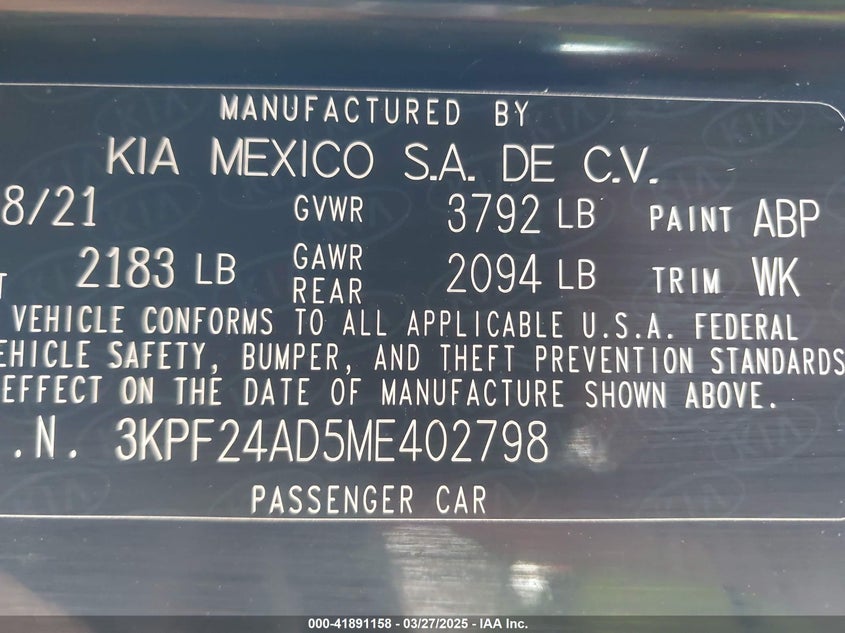 2021 KIA FORTE VIN: 3KPF24AD5ME402798