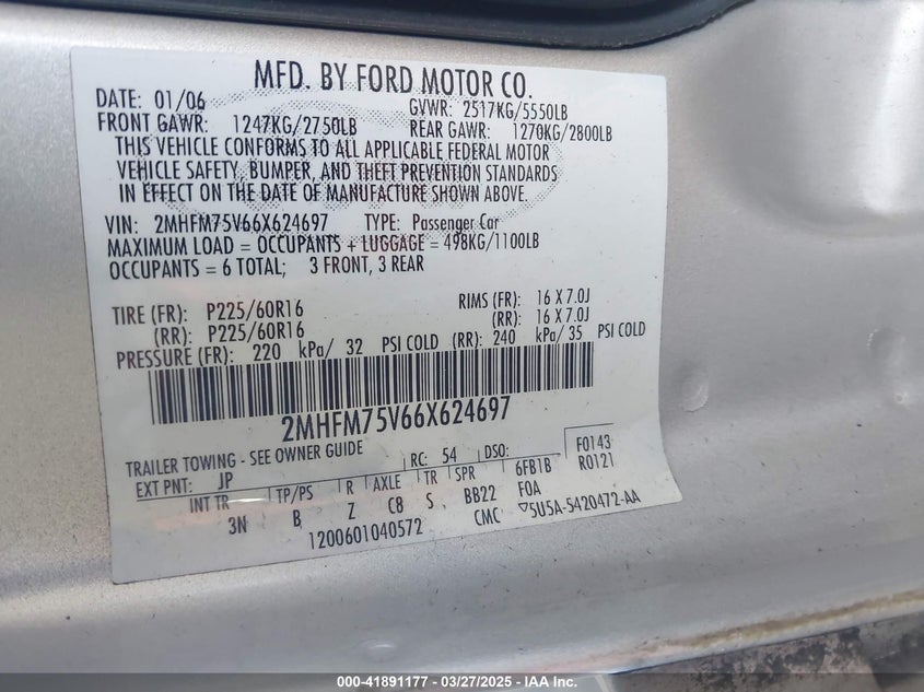 2006 MERCURY GRAND MARQUIS VIN: 2MHFM75V66X624697