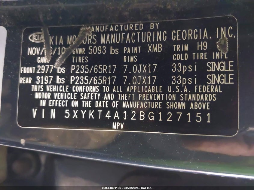 2011 Kia Sorento Lx VIN: 5XYKT4A12BG127151 Lot: 41891186