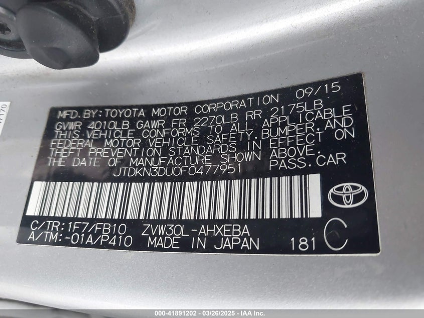 2015 TOYOTA PRIUS VIN: JTDKN3DU0F0477951
