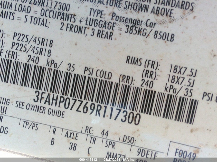 2009 FORD FUSION VIN: 3FAHP07Z69R117300
