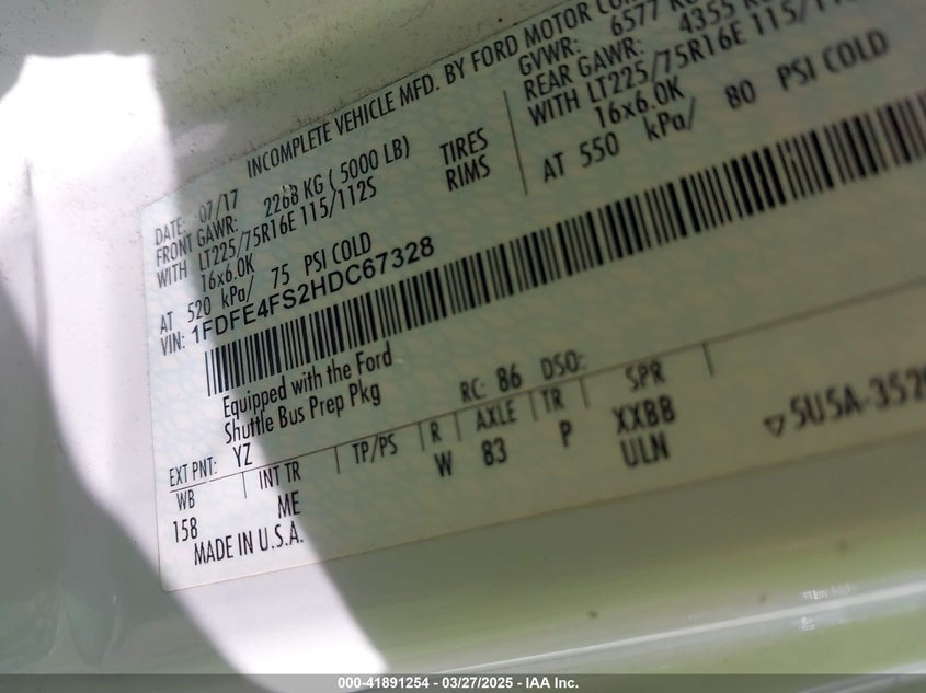 2017 Ford E-450 Cutaway VIN: 1FDFE4FS2HDC67328 Lot: 41891254