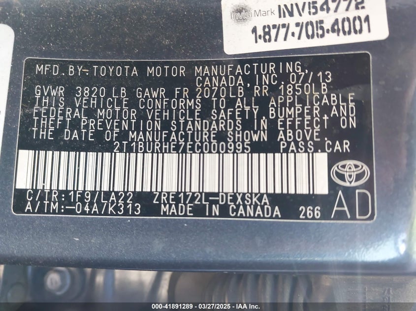 2014 TOYOTA COROLLA VIN: 2T1BURHE7EC000995