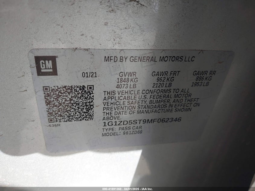 2021 CHEVROLET MALIBU VIN: 1G1ZD5ST9MF062346