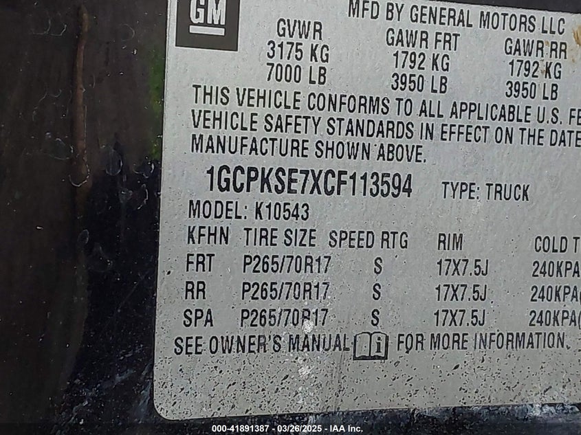 2012 CHEVROLET SILVERADO 1500 VIN: 1GCPKSE7XCF113594