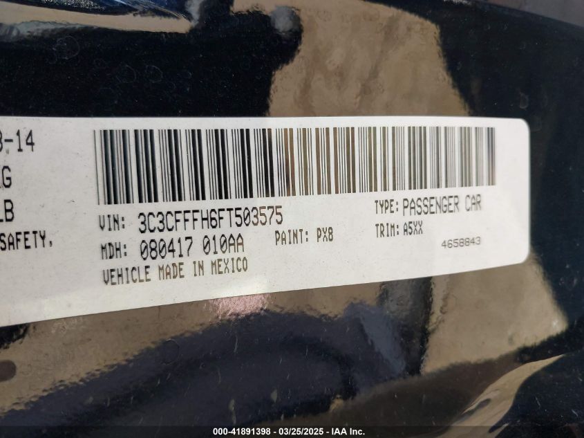 2015 Fiat 500 Abarth VIN: 3C3CFFFH6FT503575 Lot: 41891398