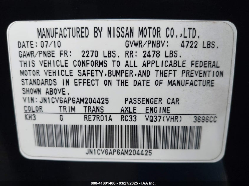 2010 INFINITI G37 SEDAN VIN: JN1CV6AP6AM204425