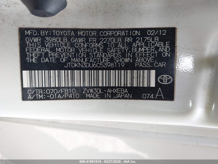 2012 TOYOTA PRIUS VIN: JTDKN3DU6C5398119