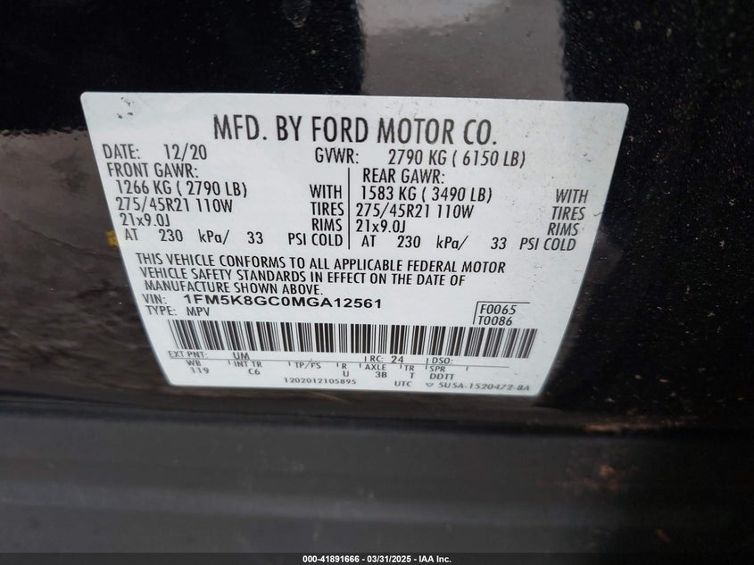 2021 FORD EXPLORER VIN: 1FM5K8GC0MGA12561