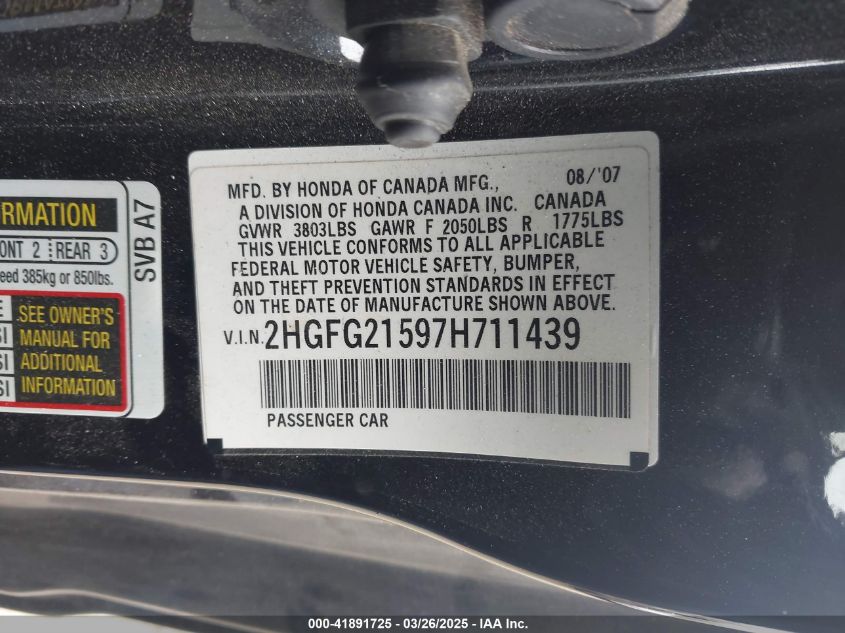 2007 Honda Civic Si VIN: 2HGFG21597H711439 Lot: 41891725