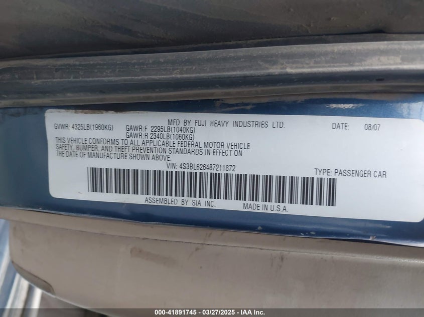2008 SUBARU LEGACY VIN: 4S3BL626487211872
