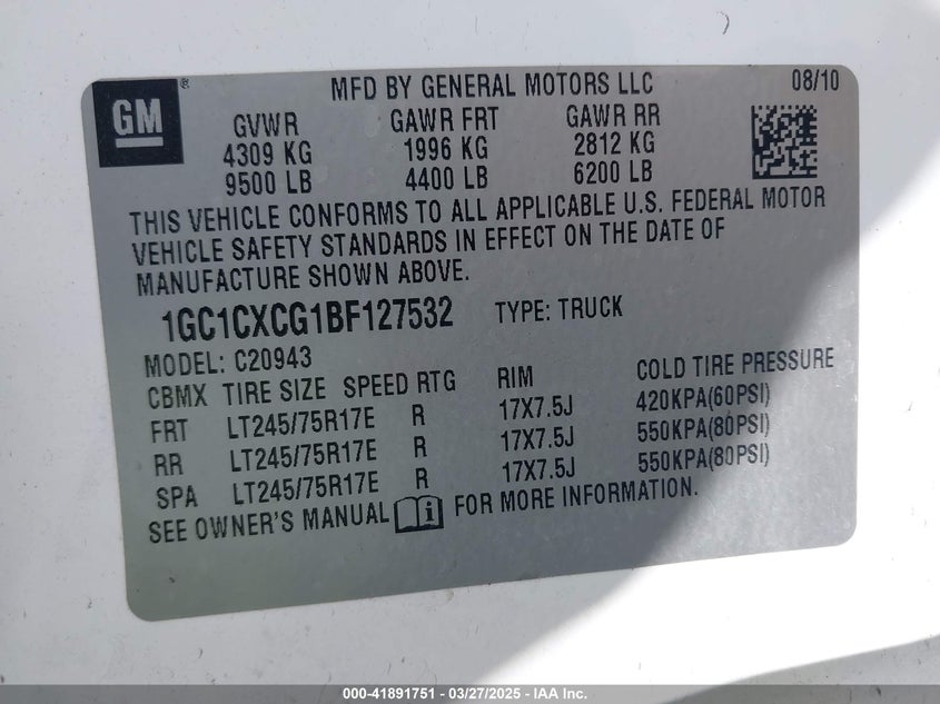 2011 CHEVROLET SILVERADO VIN: 1GC1CXCG1BF127532