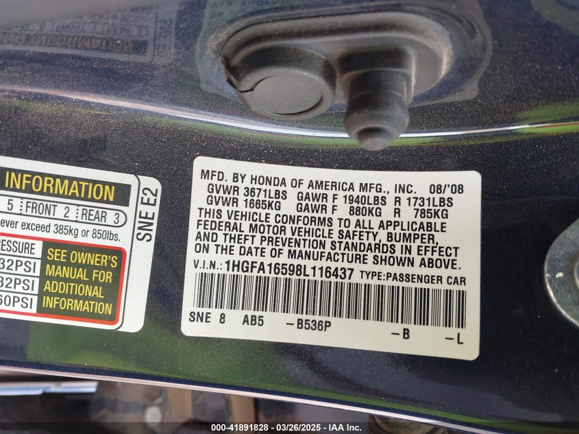 2008 HONDA CIVIC VIN: 1HGFA16598L116437