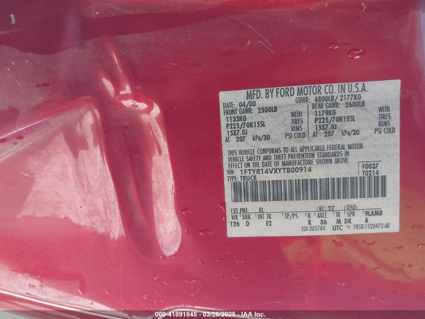 2000 Ford Ranger Xl/Xlt VIN: 1FTYR14VXYTB00914 Lot: 41891845
