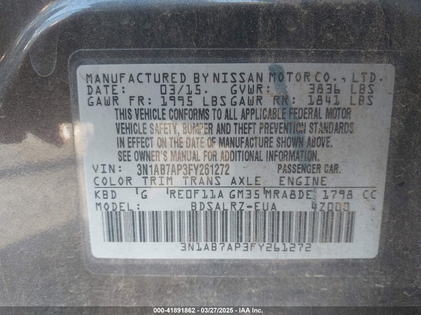 2015 NISSAN SENTRA VIN: 3N1AB7AP3FY261272
