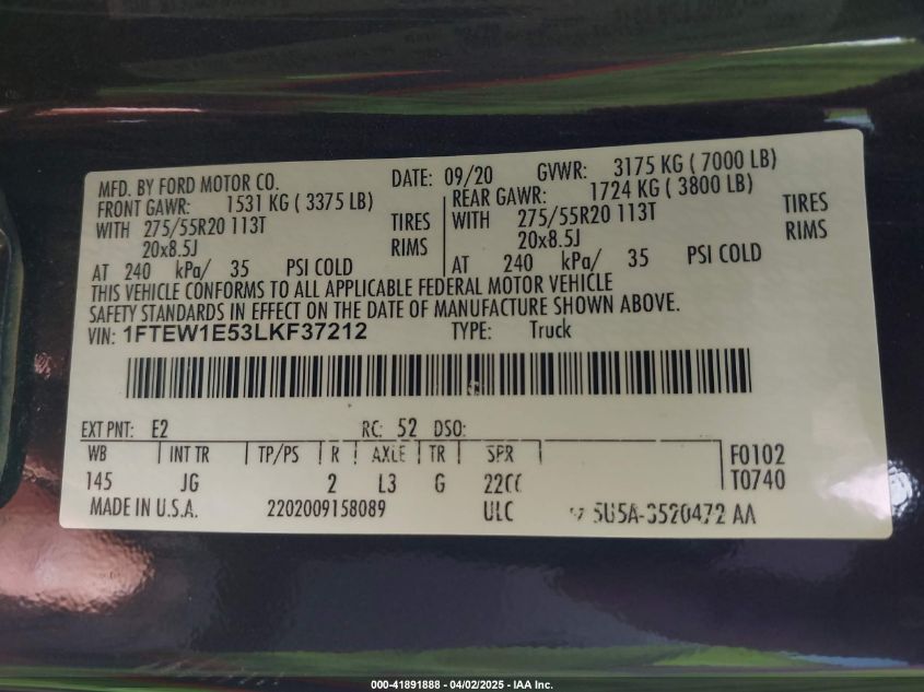 2020 Ford F-150 Lariat/Xl/Xlt VIN: 1FTEX1C53LKF37212 Lot: 41891888