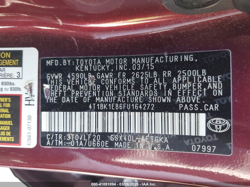 2015 TOYOTA AVALON VIN: 4T1BK1EB6FU164272