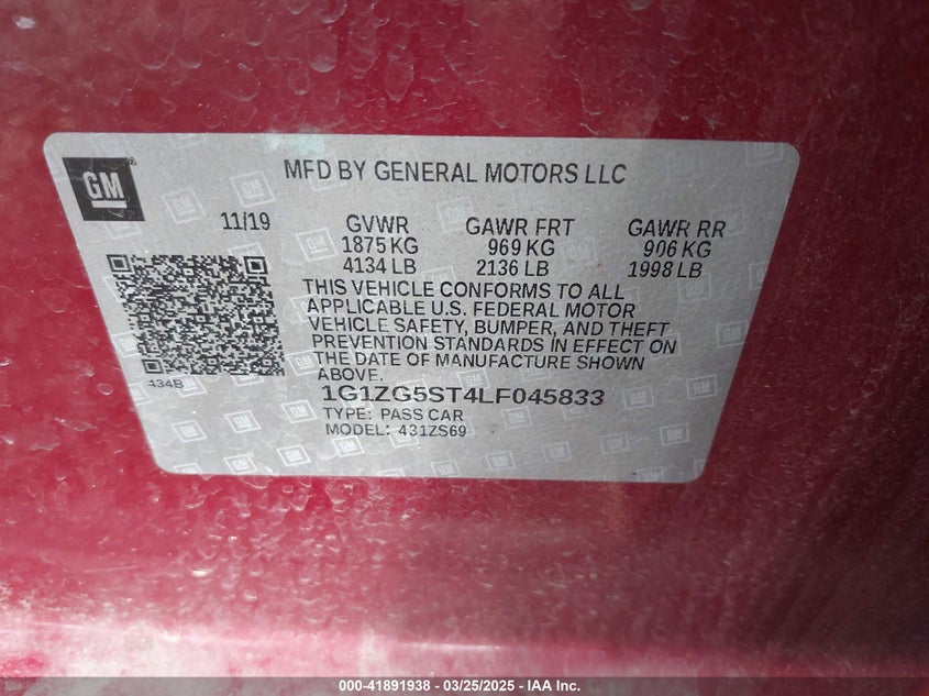 VIN 1G1ZG5ST4LF045833 2020 CHEVROLET MALIBU FWD RS