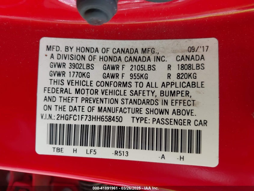 2017 HONDA CIVIC VIN: 2HGFC1F73HH658450