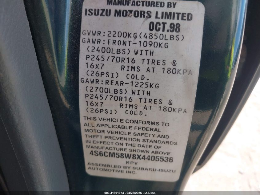1999 Honda Passport Ex/Lx VIN: 4S6CM58W8X4405536 Lot: 41891974