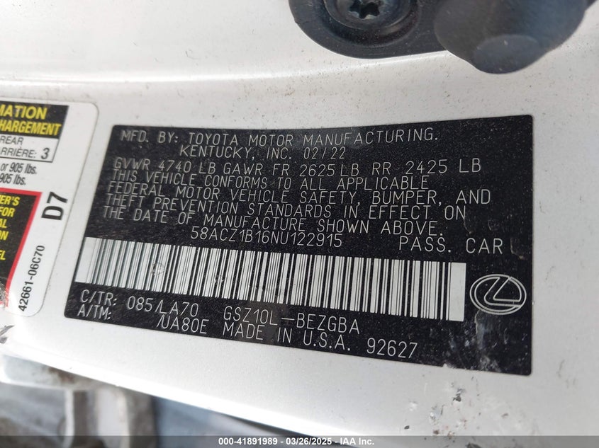 2022 LEXUS ES 350 - 58ACZ1B16NU122915