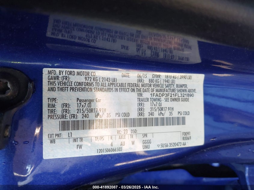 2015 FORD FOCUS VIN: 1FADP3F21FL321890