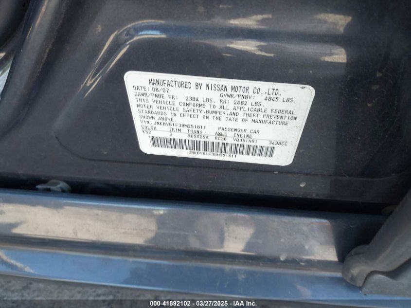 2008 Infiniti G35X VIN: JNKBV61F38M251811 Lot: 41892102