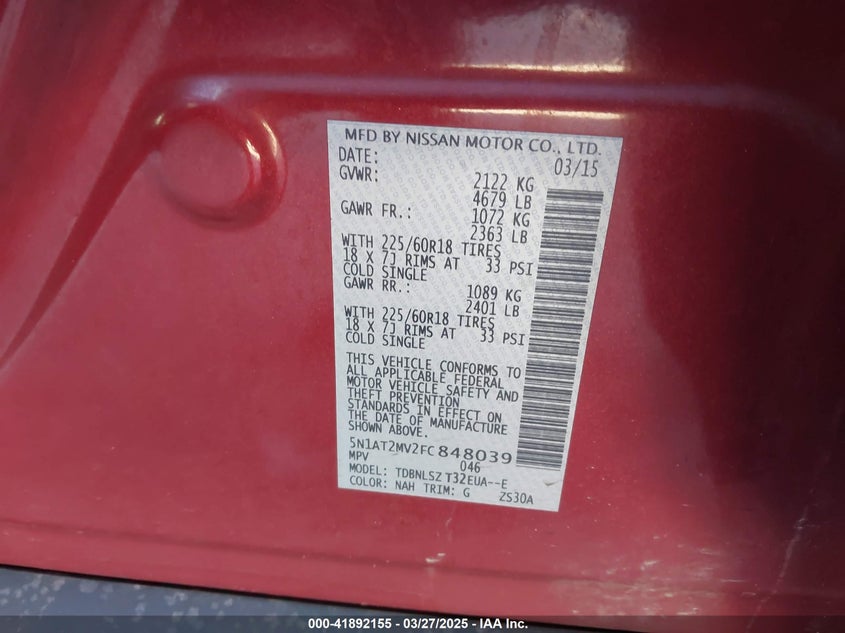 2015 NISSAN ROGUE S/SL/SV - 5N1AT2MV2FC848039