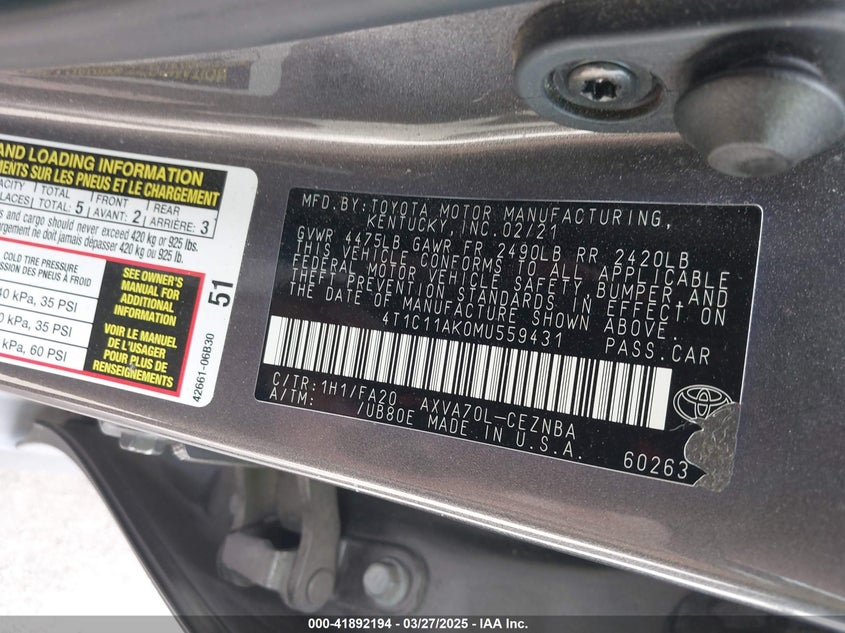 2021 TOYOTA CAMRY VIN: 4T1C11AK0MU559431