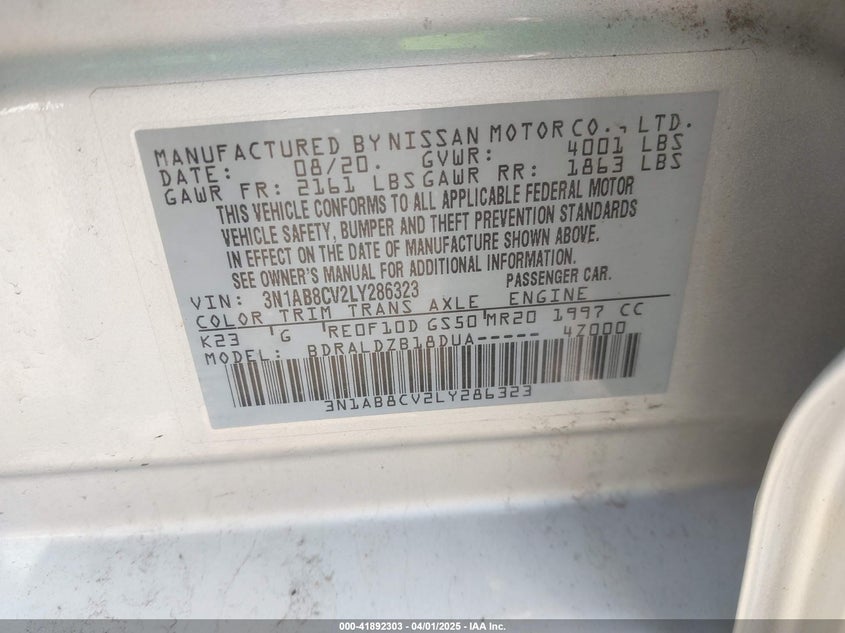 2020 NISSAN SENTRA VIN: 3N1AB8CV2LY286323