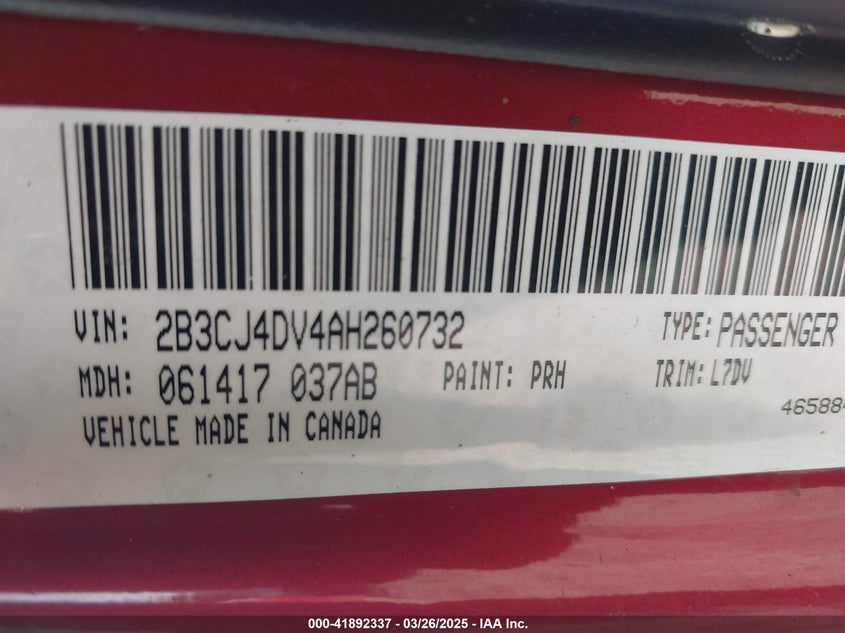 2010 DODGE CHALLENGER VIN: 2B3CJ4DV4AH260732