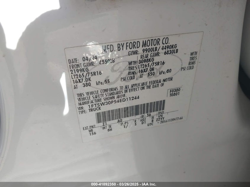 2004 Ford F-350 Lariat/Xl/Xlt VIN: 1FTSW30P54ED11244 Lot: 41892350