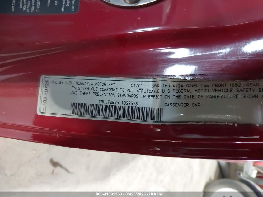 2001 Audi Tt VIN: TRUUT28N511029578 Lot: 41892368