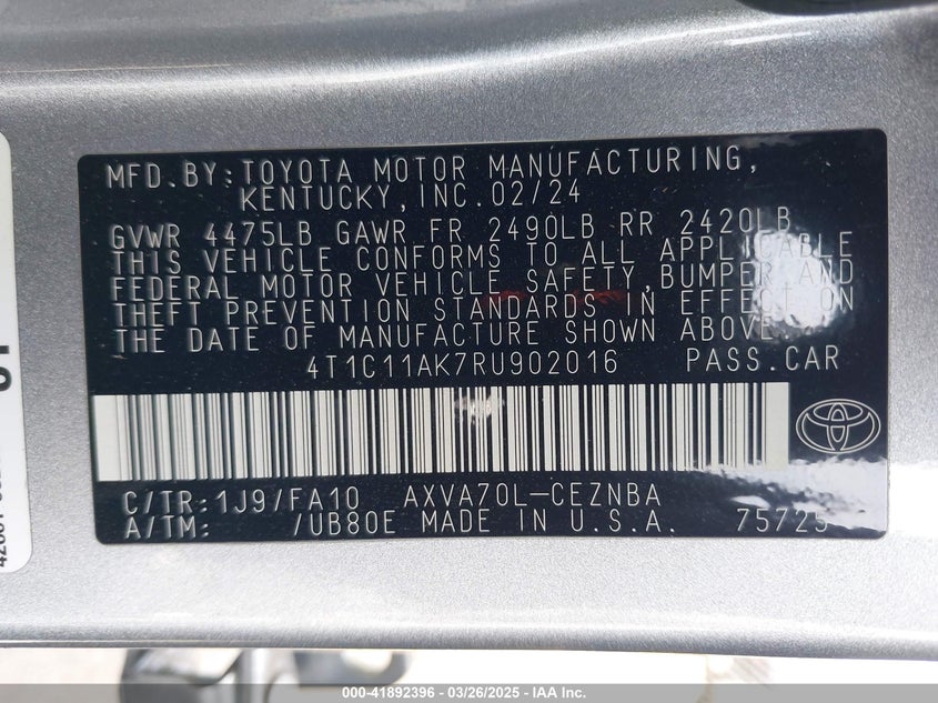 2024 TOYOTA CAMRY VIN: 4T1C11AK7RU902016