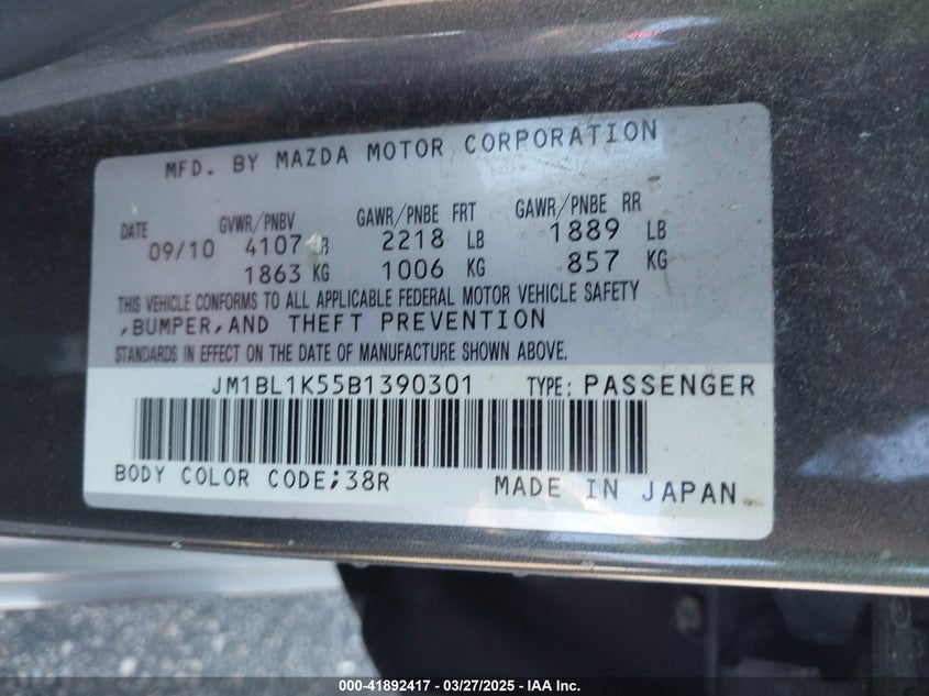 2011 MAZDA 3 VIN: JM1BL1K55B1390301