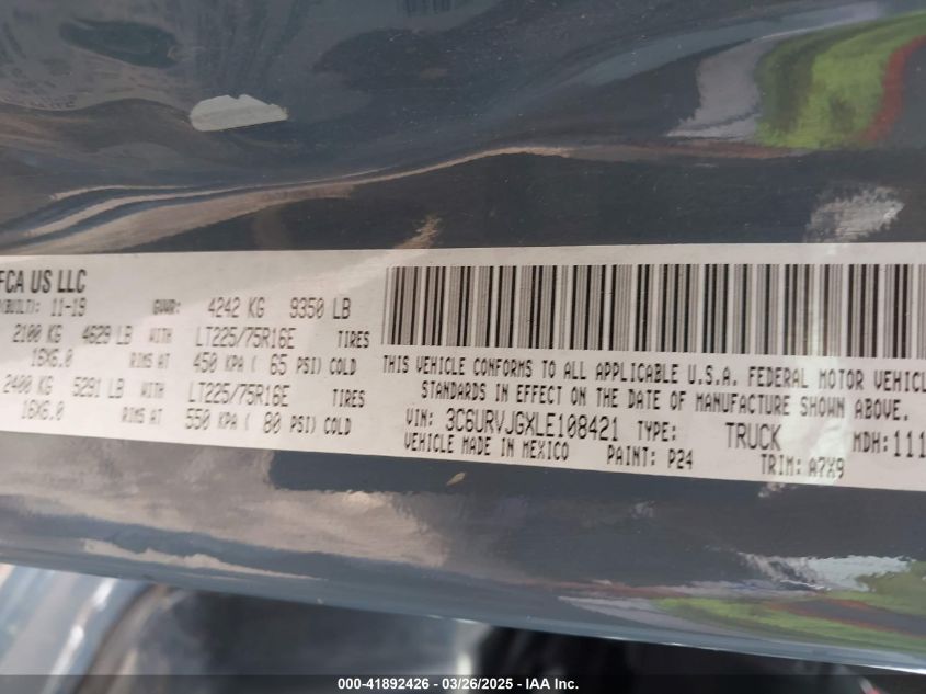 2020 Ram Promaster 3500 Cargo Van High Roof 159 Wb Ext VIN: 3C6URVJGXLE108421 Lot: 41892426