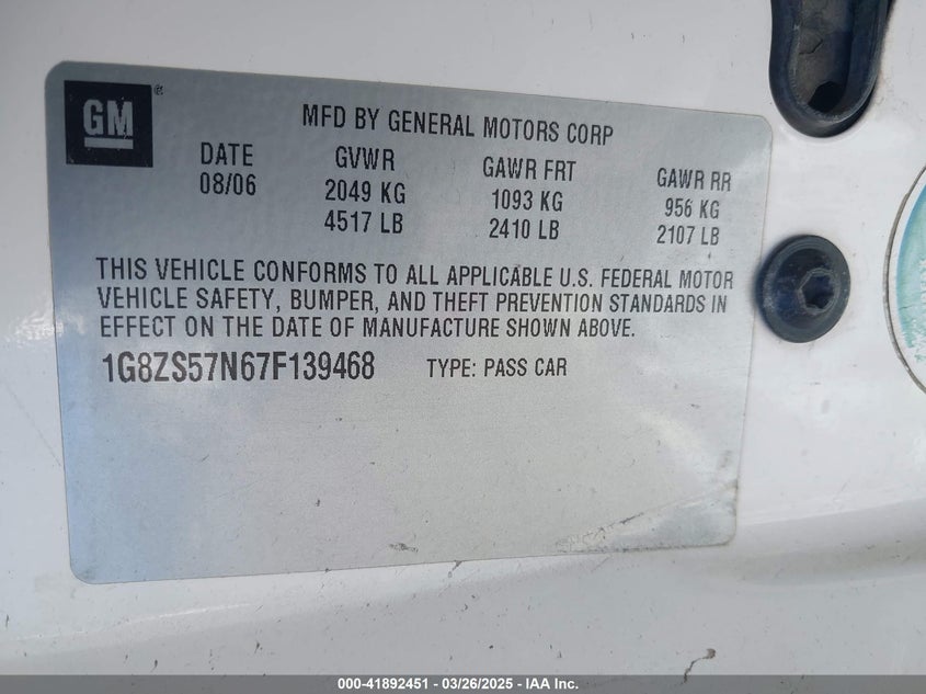 2007 SATURN AURA VIN: 1G8ZS57N67F139468