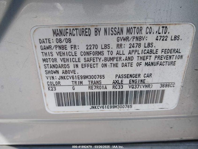 2009 Infiniti G37 Journey VIN: JNKCV61E99M300765 Lot: 41892479