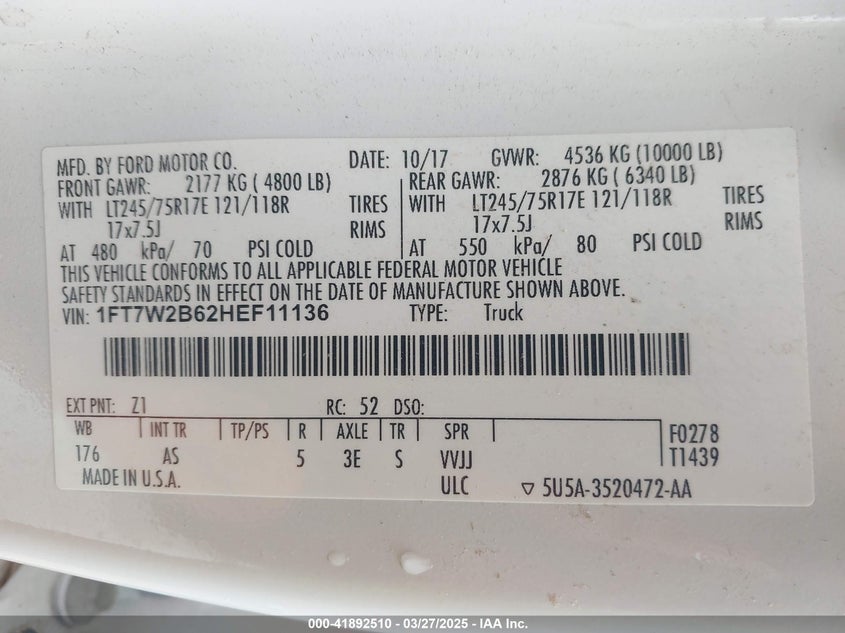 2017 Ford F-250 Xl VIN: 1FT7W2B62HEF11136 Lot: 41892510