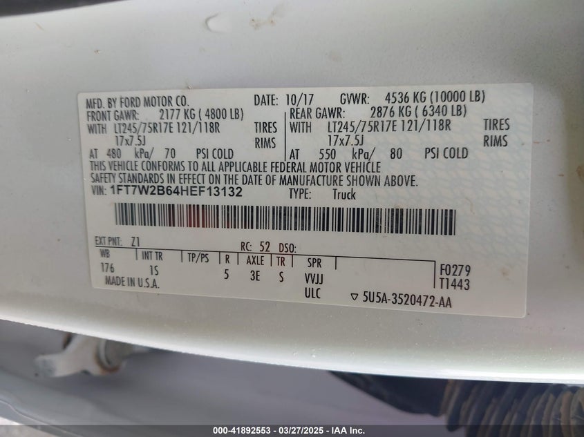 2017 Ford F-250 Xl VIN: 1FT7W2B64HEF13132 Lot: 41892553